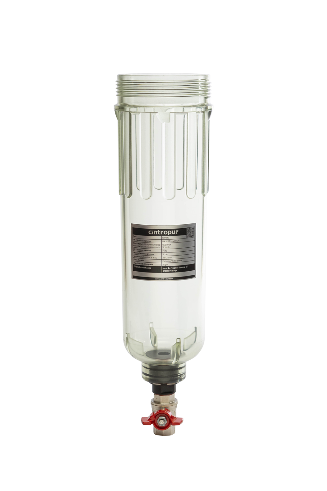 Transparent filterhus med adapter och avtappningskran till Cintropur NW340