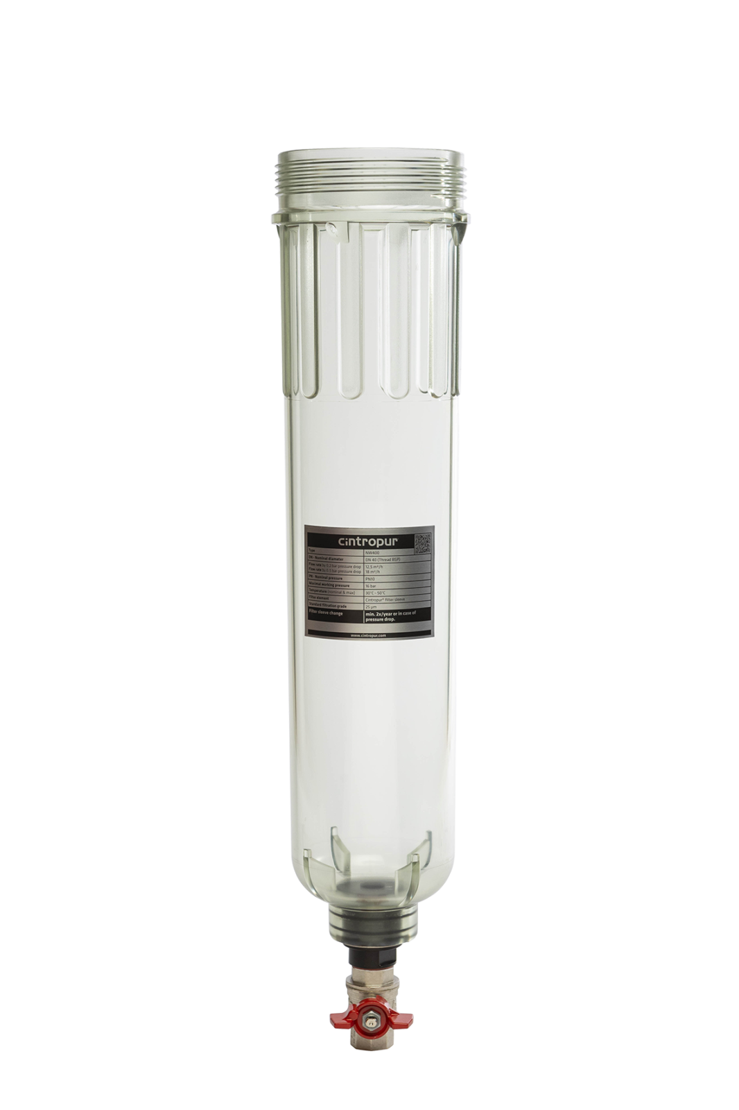 Transparent filterhus med adapter och avtappningskran till Cintropur NW400