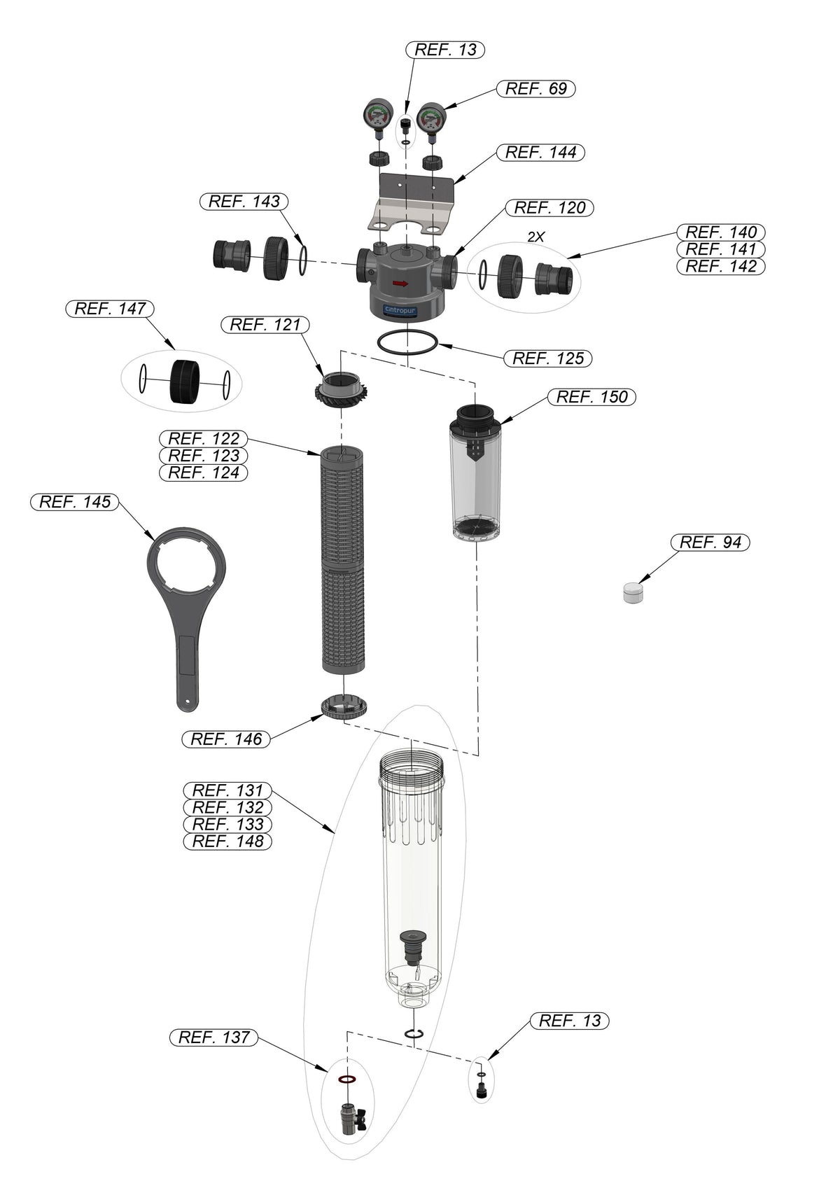 Sprängskiss Cintropur NW280, NW340 och NW400 med referensnummer på varje del