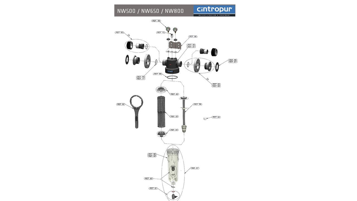 Sprängskiss Cintropur NW500, NW650 och NW800 med positionsnummer