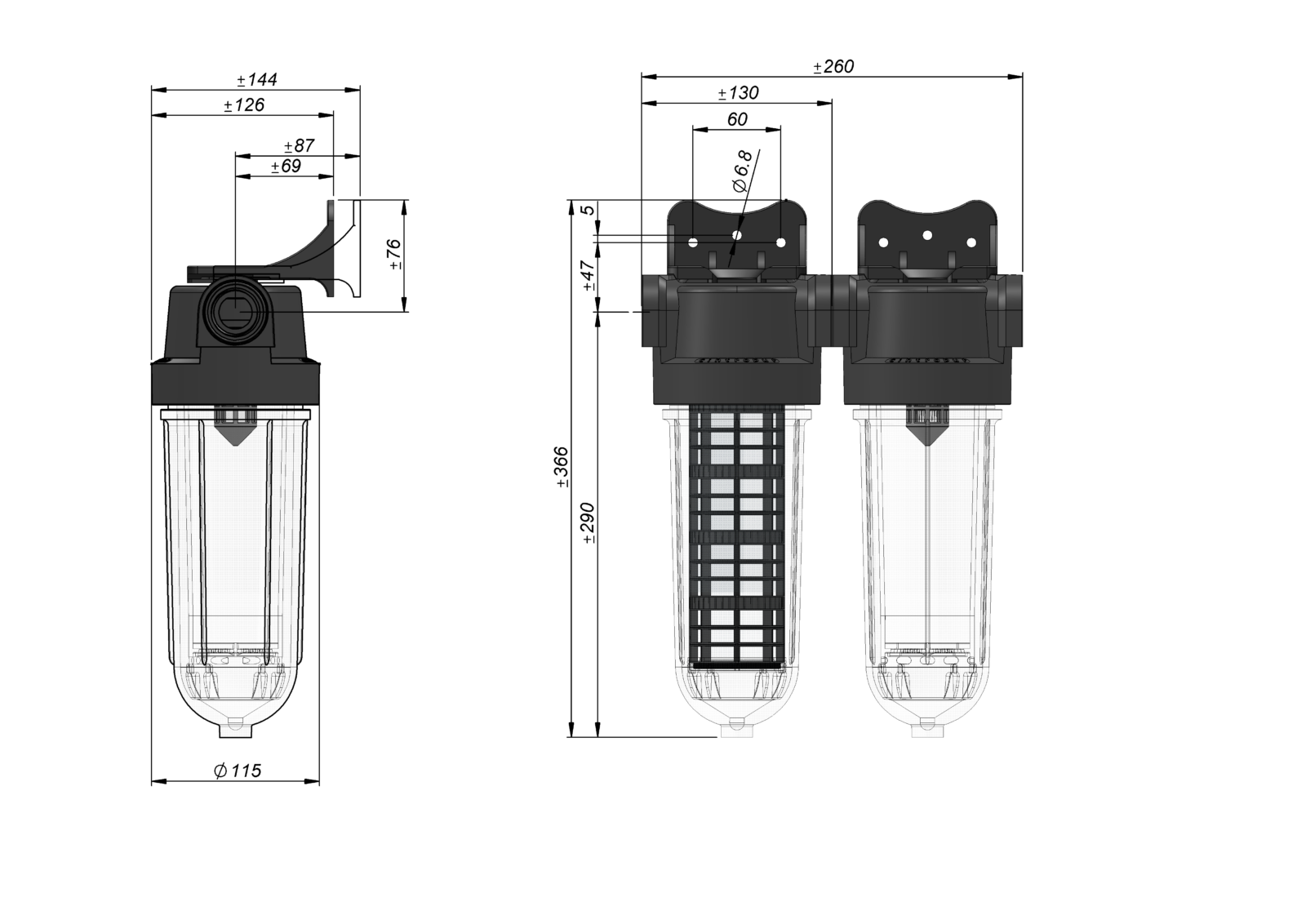 Måttskiss Cintropur vattenfilter SL240 Duo